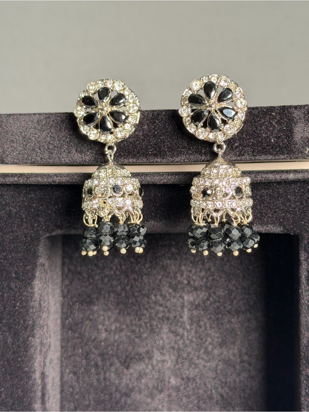 Elegant Black Crystal Jhumka Drop Earrings - Unbranded